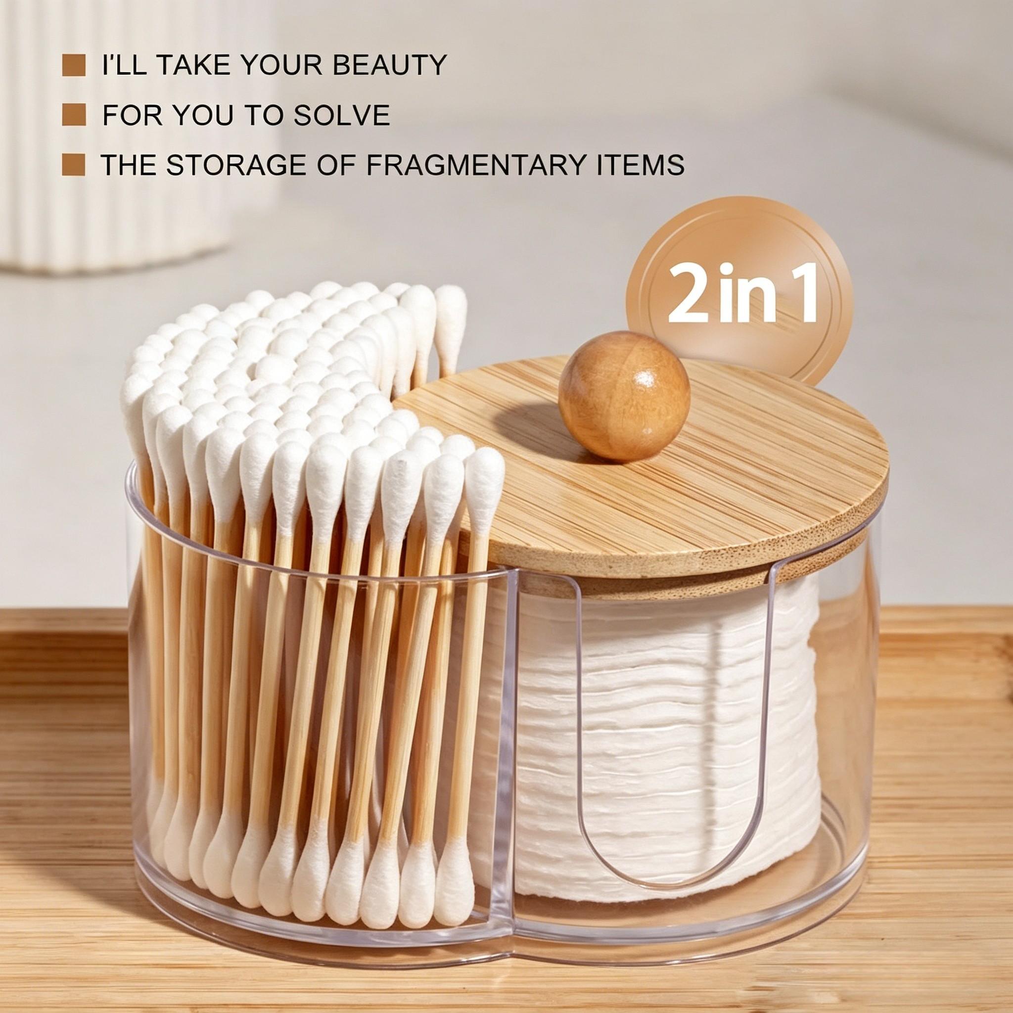 2-In-1 Transparent Cotton Swab Makeup Storage Box, Wooden Lid, Dual Compartment Bathroom Organizer, Space-Saving Vanity Tray, Natural Wood Finish