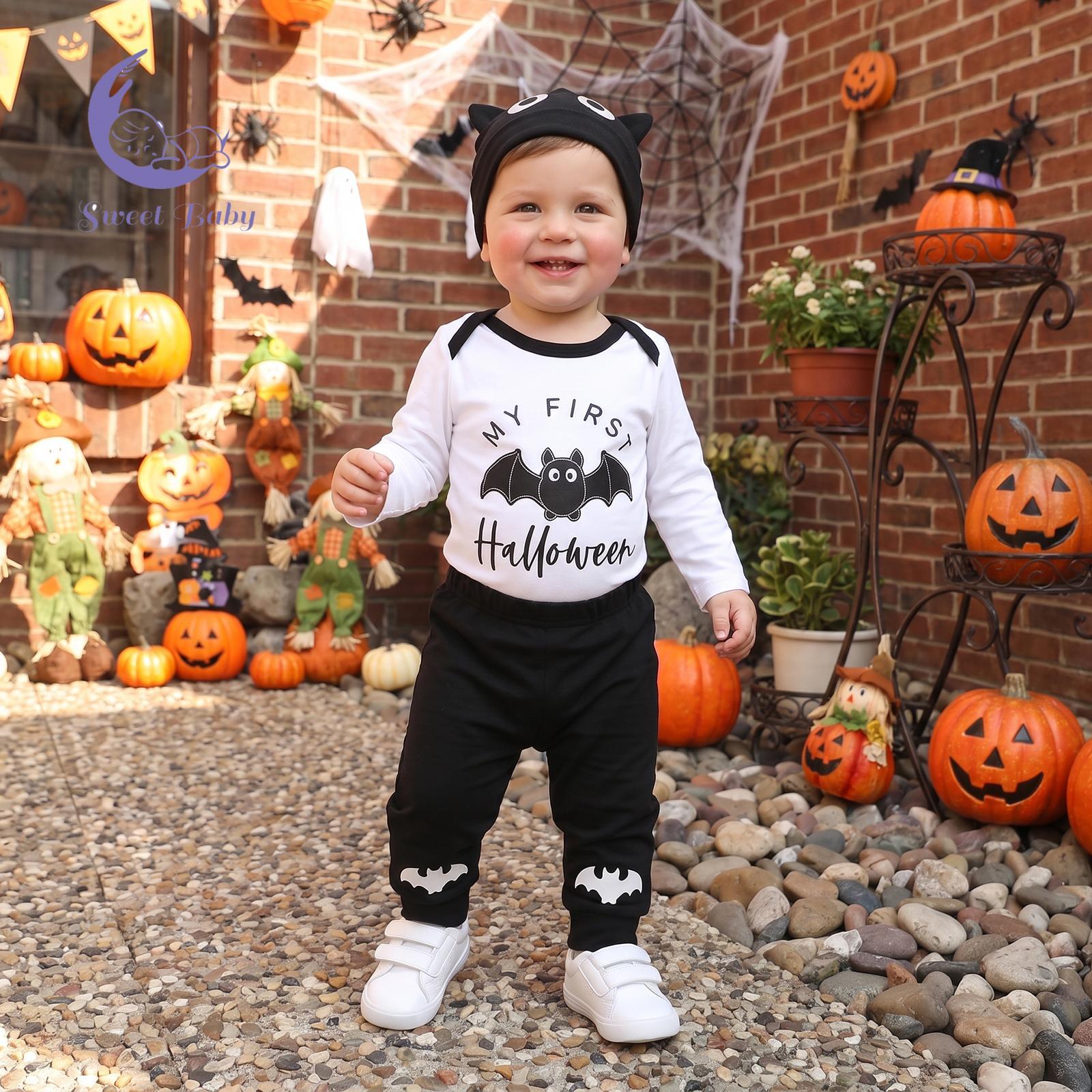 Baby Boy Halloween 3-Piece Gift Set - Polyester Embroidered Long-Sleeve Romper, Pants, Pumpkin Bat Accent Hat