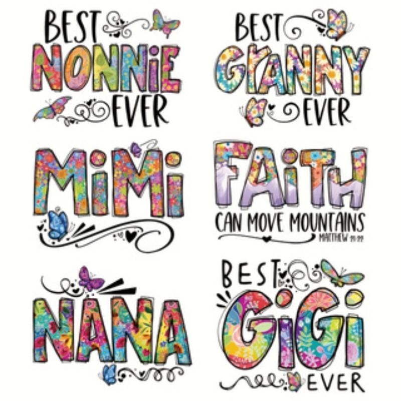 6 Piece DIY Iron-On Transfer Stickers, Latest Gigi Ever Butterfly Word Style, Heat Transfer Vinyl for T-Shirts, Jackets, Jeans, Hoodies