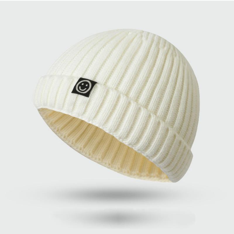 Smiley Face Knit Beanie, Unisex Casual All-Season Hat, Soft Elastic Ribbed Design, Cute Embroidered Smiley, Plain Color Trimmed Edge