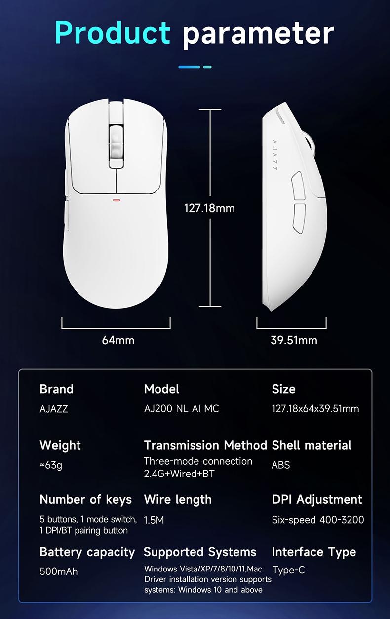Mage Aj200 Nl Ai Mc Three-Mode Wireless Ai Mouse, Lithium Polymer Battery, Bluetooth-compatible Connectivity, Ergonomic Design, USB-C Charging