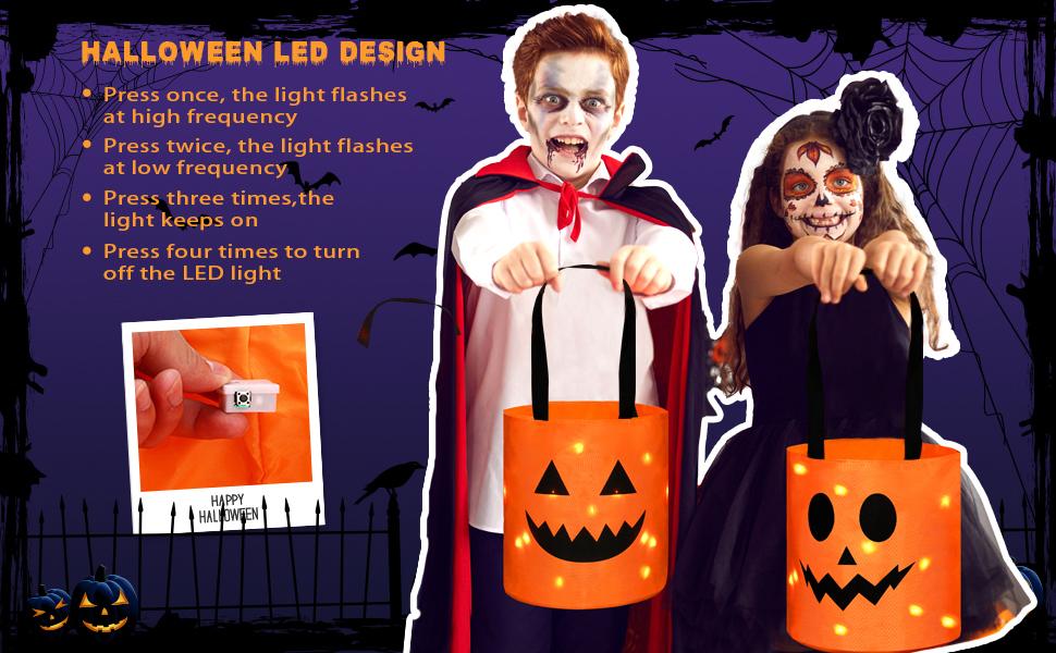 4 Pcs Halloween Candy Bucket with LED Lights Trick or Treat Bags Pumpkin Candy Bags Reusable Tote Bags for Students Adults,Night Light Bags for Home Garden Lawn Decorations,Halloween  inside decor Birthday Christmas Party Favor Supplies