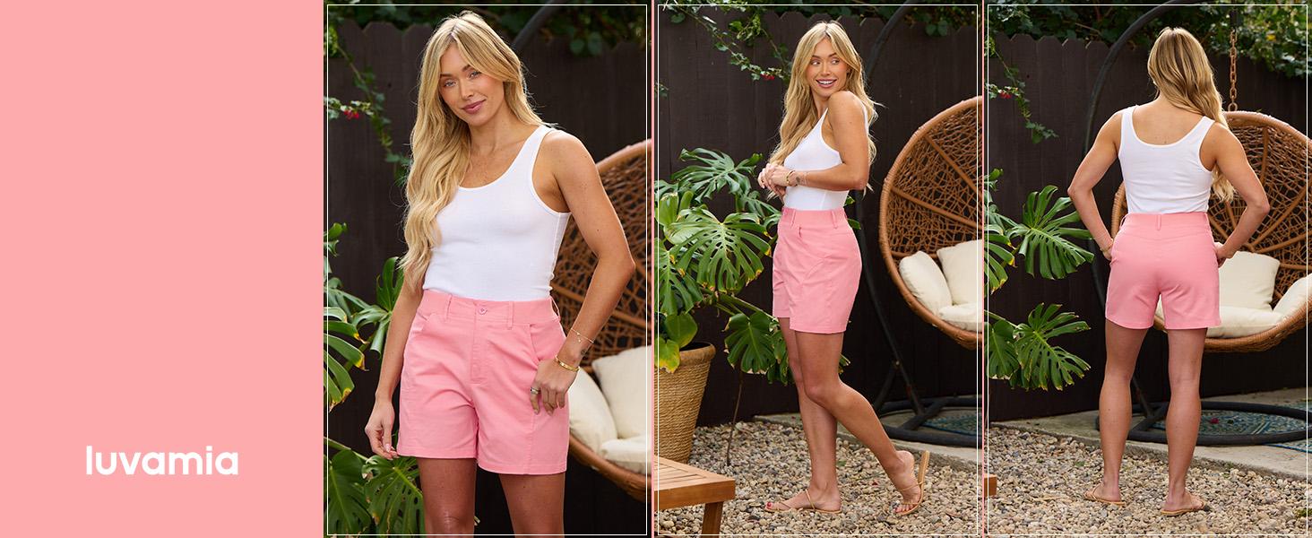 luvamia Shorts for Women Trendy Casual Summer High Waisted Chino Shorts Ribbed Elastic Waist Comfy Shorts with Pockets Womenswear Bottom Fitted Minimalist jorts jean shorts