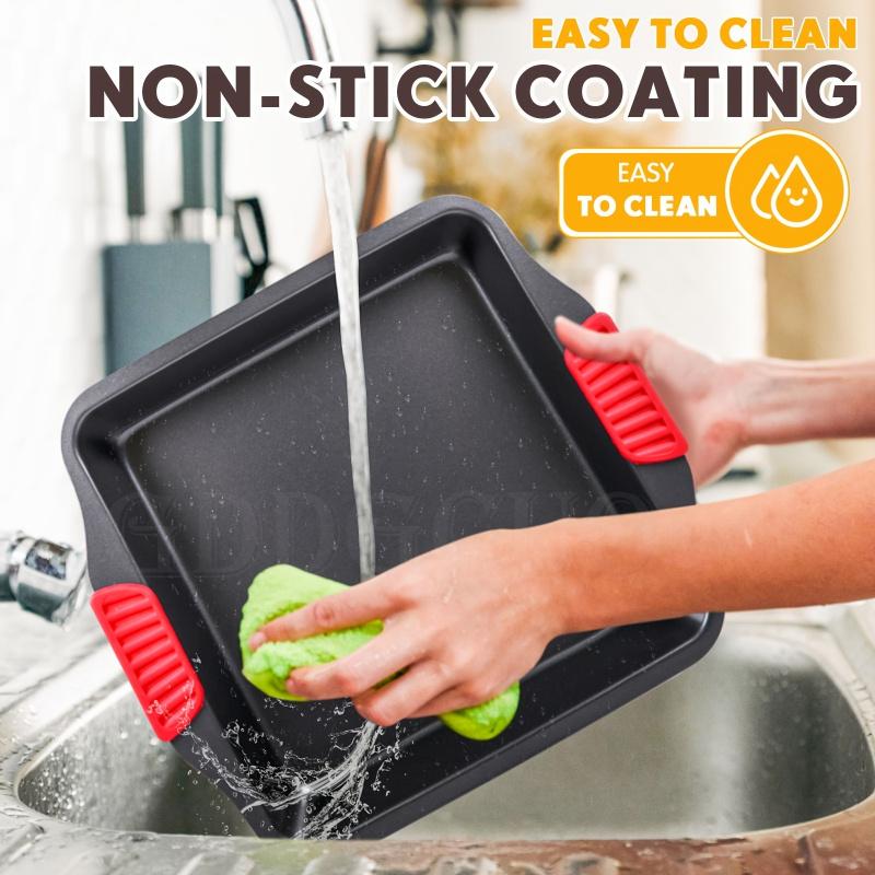 2-Piece Non-Stick Bakeware Set, Carbon Steel Baking Pans with Heat-Resistant Red Silicone Handles, ,Cookie Sheets, Baking Trays, Black