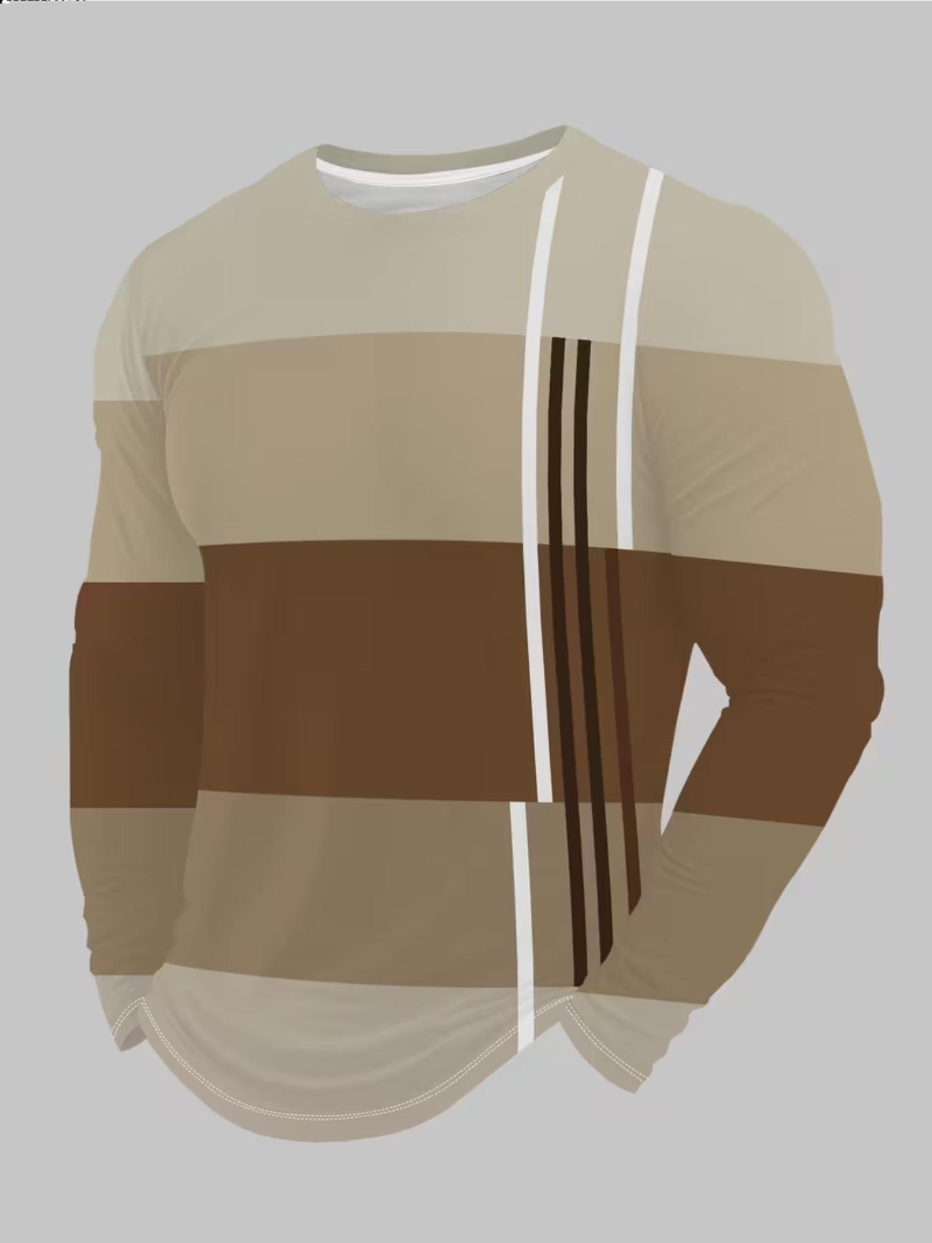 Men's Long Sleeve Crewneck T-Shirt Set, 3-Pack Vintage Colorblock Tees, Casual Geometric Pattern, Fitted H-Type, All-Season Fashion Top