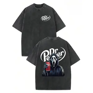 Dr. Pepper Ghost Face Horror Halloween Unisex Double-Sided T-Shirt, Washed Wax-Dyed Vintage Thick Cotton, Round Neck, Short Sleeves, Suitable for Couples, Summer Streetwear