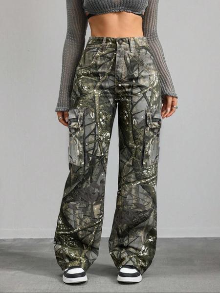 Women's High Waist Loose Fit Camo Cargo Pants, Casual Straight Leg Denim Jeans, Y2K Fashion Winter Sports Pants with Pockets, High Waisted Design