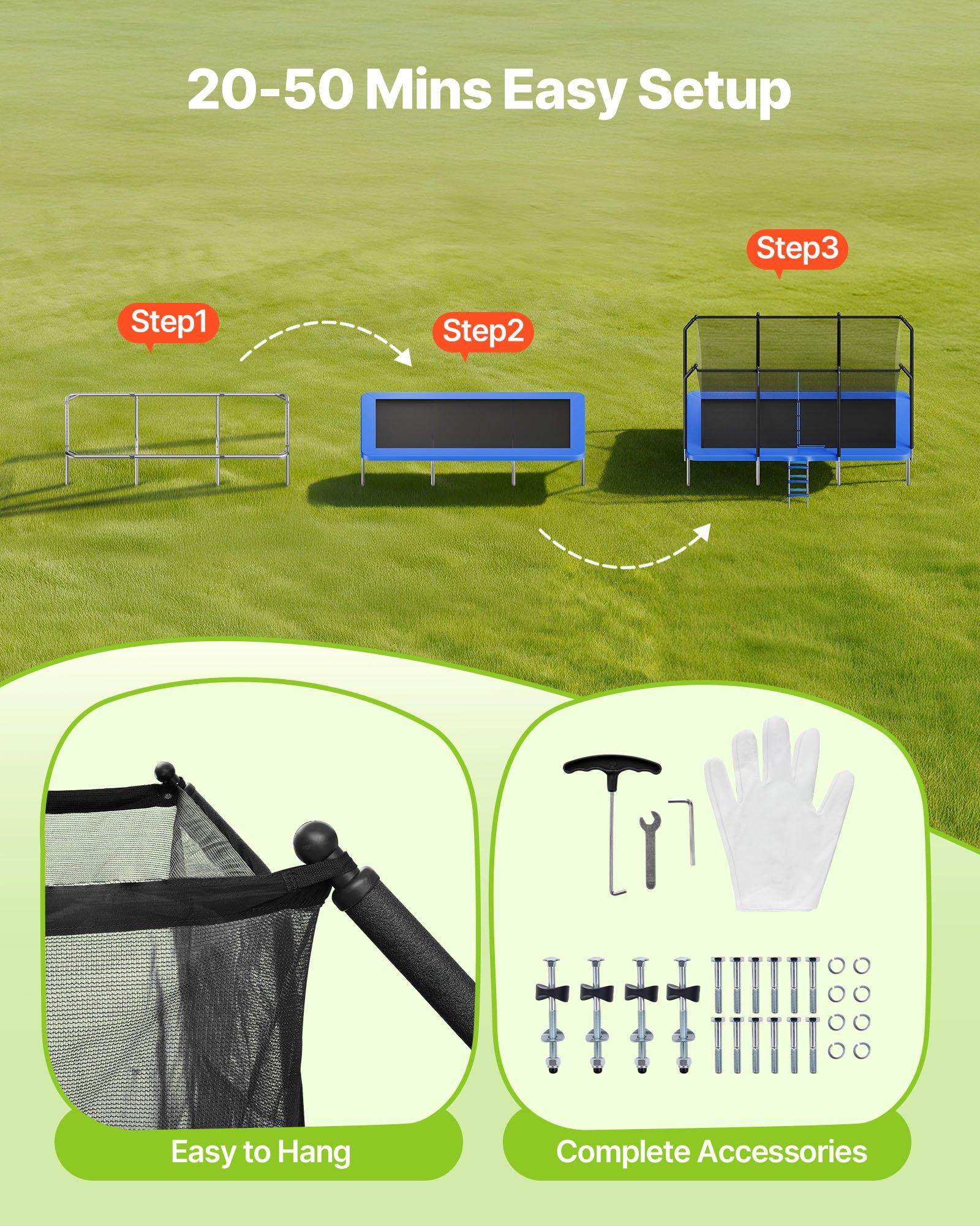VEVOR Outdoor Trampoline, 8 x 14FT Rectangle Trampoline, ASTM Approved  Recreational Trampolines with Enclosure Net, Max 265 lbs Weight Capacity, Anti-Rust Rectangular Trampolines for Kids & Adults