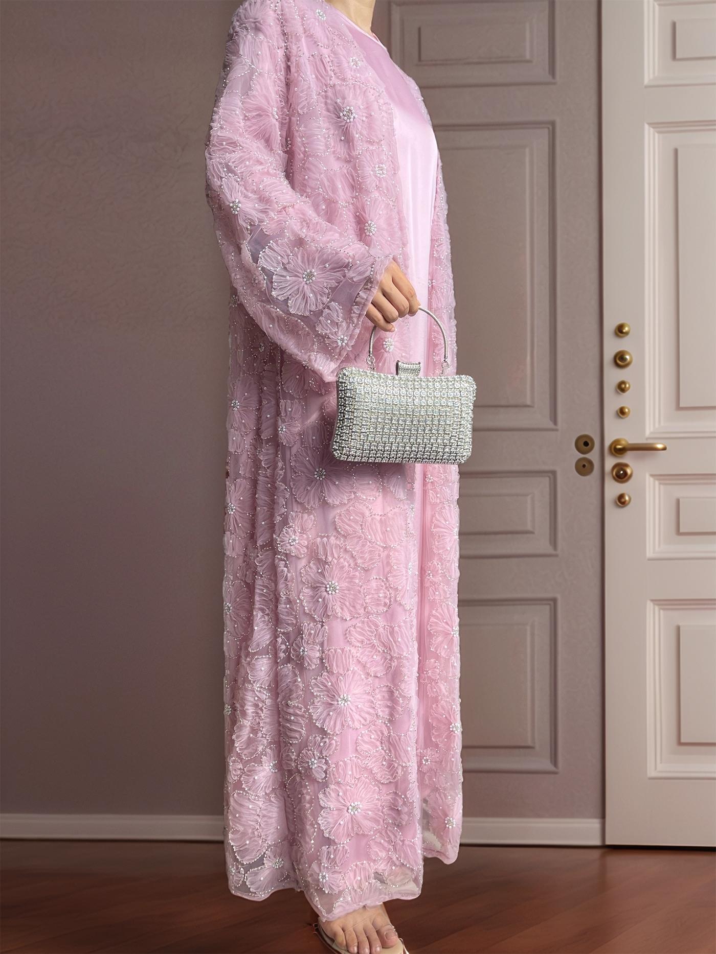 Women's Elegant Mesh Floral Beaded abaya Set, Includes Matching Dress, Perfect for Spring & Fall Fashion, Msl881 Collection
