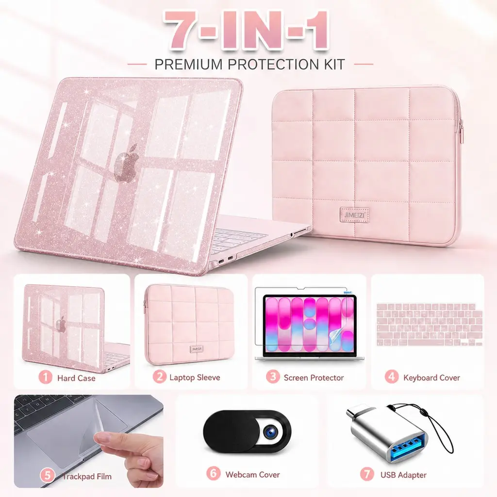 Macbook Neo 7-Piece Aesthetic Transparent Multi-Color Protection Set, Glossy Crystal Case + Keyboard Film + Screen Protector + Touch Film