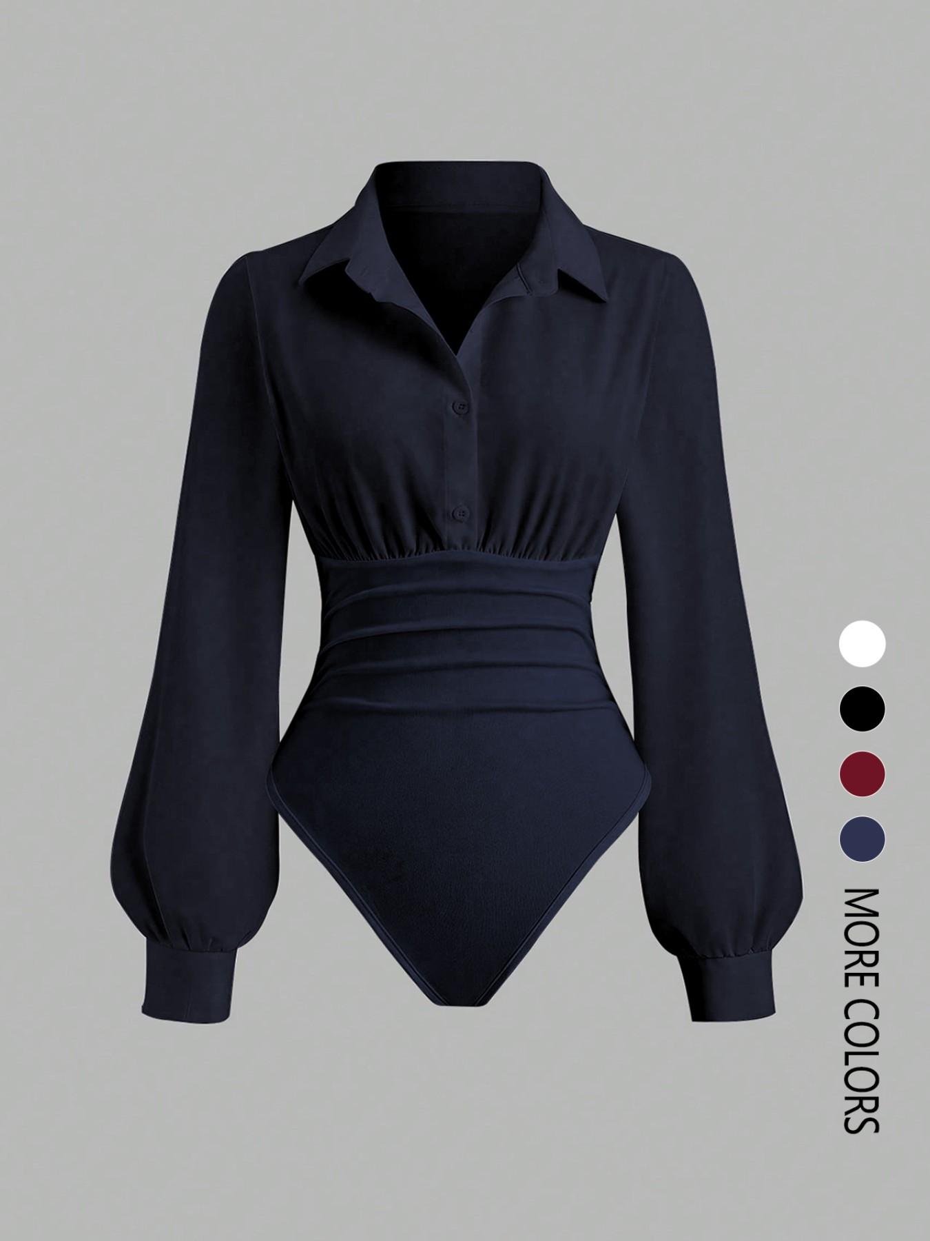 Women's solid color slim-fit V-neck long-sleeved shirt jumpsuit, elegant woven fabric, slim fit, suitable for all seasons, and can be layered flexibly Bodysuits