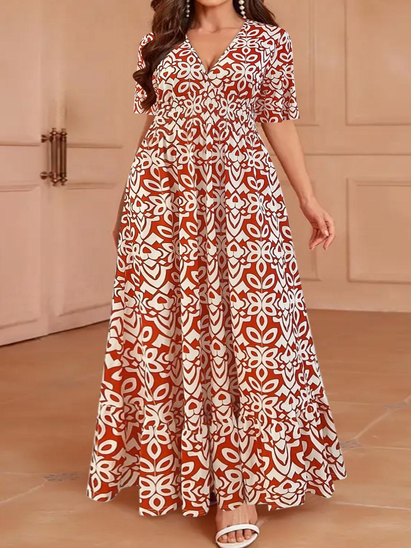 Plus Size Vintage Totem Print Dress, Half Sleeve Design, Curvy Slimming Vacation Dress