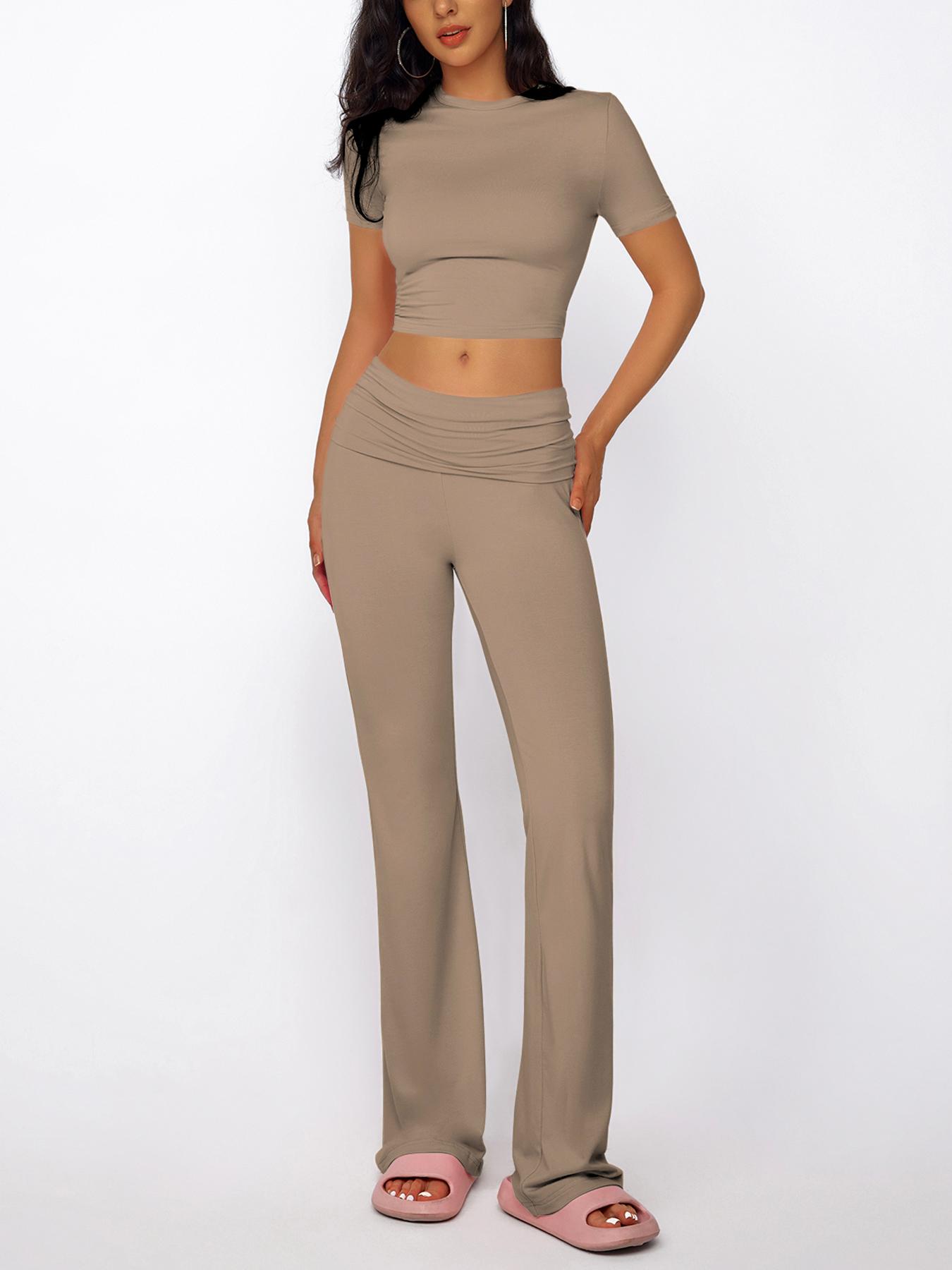 Women's Solid Round Neck Crop Top & Skinny Pants Loungewear Set, Summer Outfits 2024, Casual Comfy Pyjama Set for Women, Comfy Loungewear Set for Women Home Wear, Pyjamas for Women