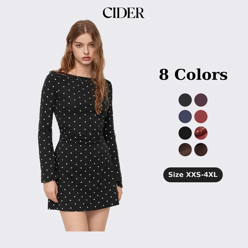 Cider Polka Dot Mini Dress – Flattering Ruched Bodycon Dress with Bell Sleeves， Hides Tummy & Arms， Soft Stretch Cotton for Date Night