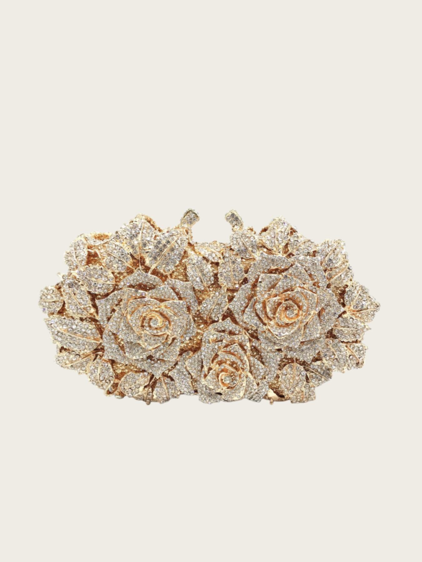 Elegant Evening Bag for Women, Sparkling Floral Crystal Wallet, Handmade Metal Rhinestone Clutch, Perfect for Weddings and Formal Events