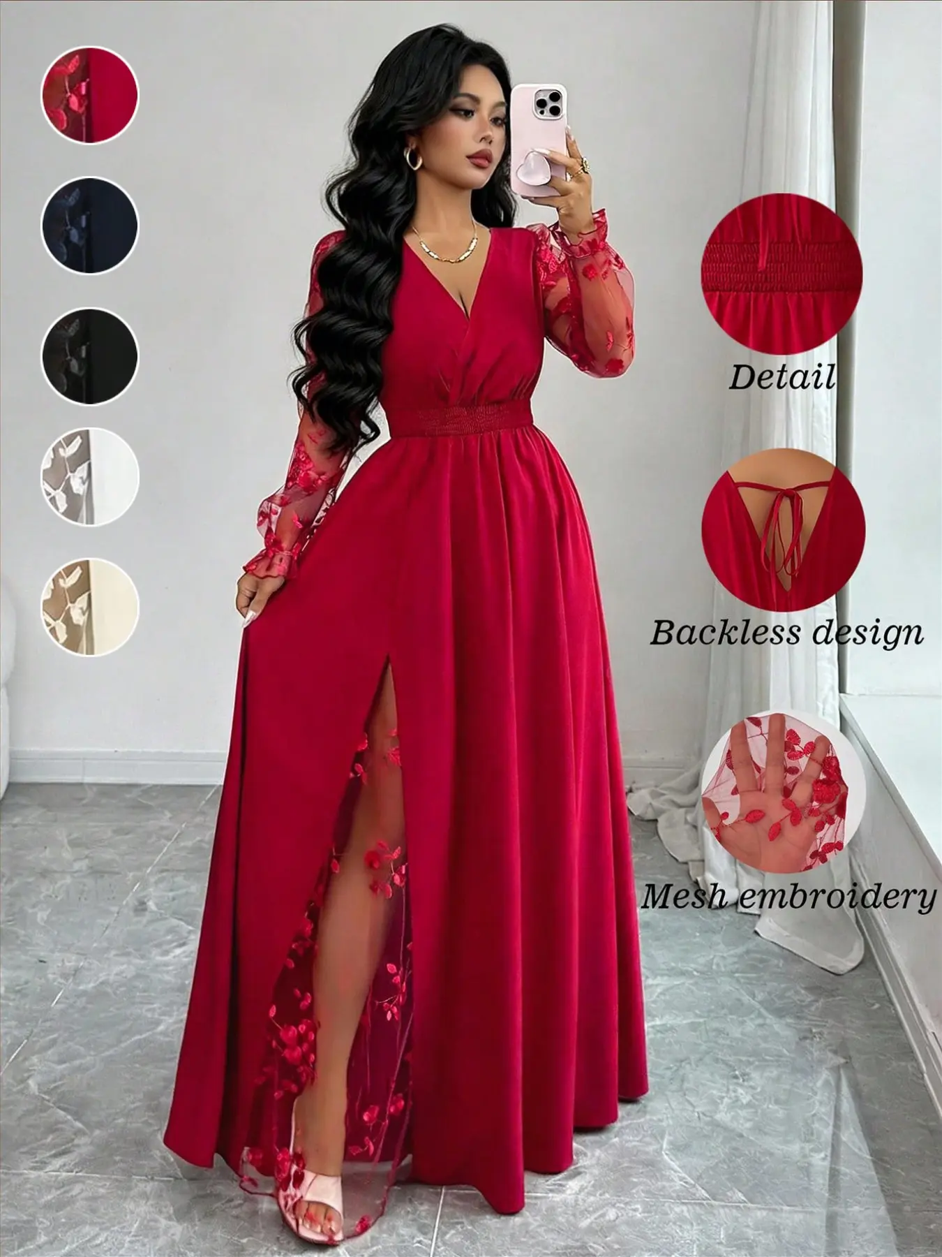 Luxurious Long Dress, Base with Lace Embroidery, V-Neck Waist Cinch, Back Tie Detail, Flowing Skirt, Elegant and Chic