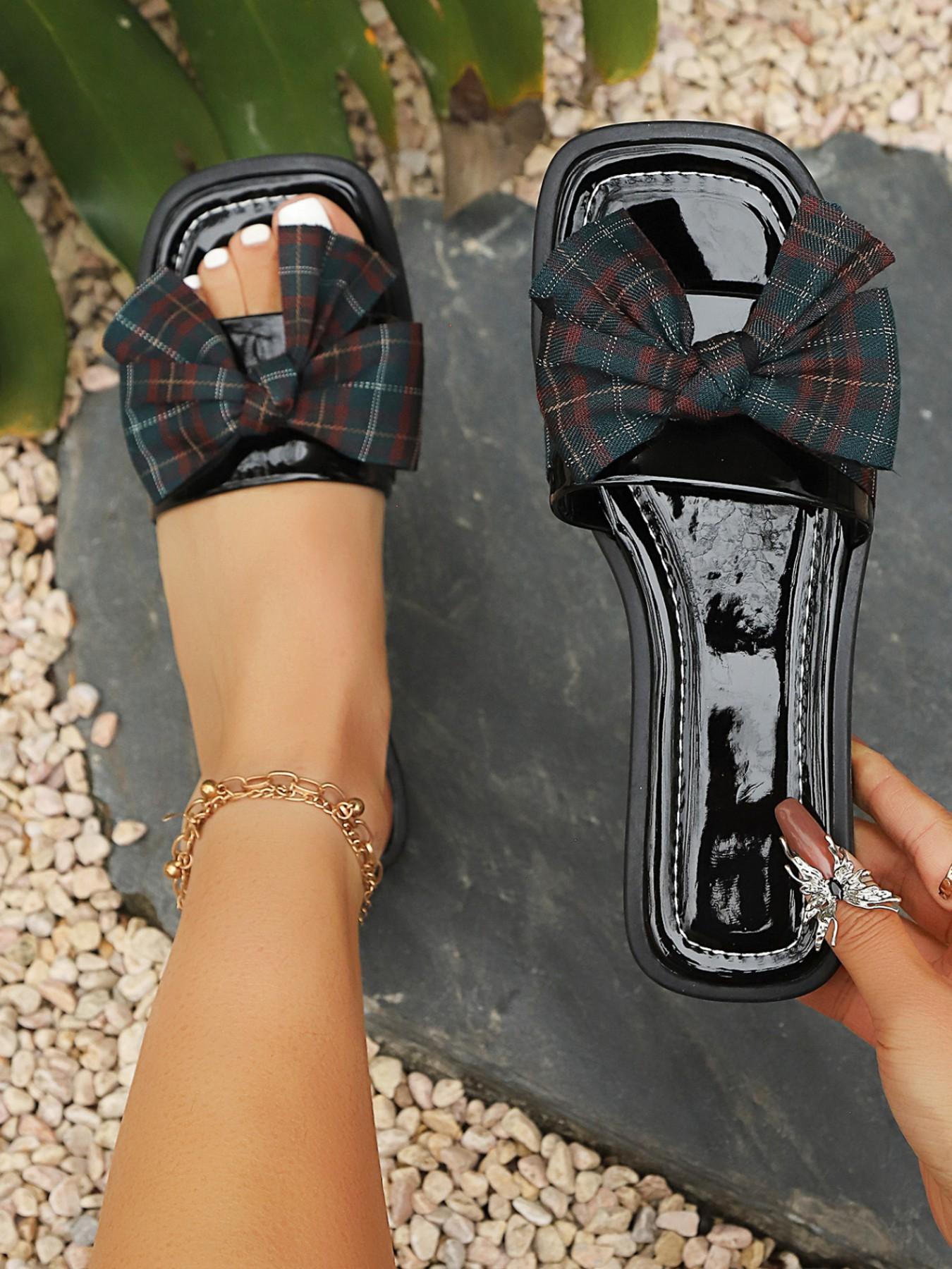 Summer Women's Large Size Square Toe Bow Flip Flops, Plaid Decoration, Soft Sole, Casual, Home, Shopping, Beach, Versatile Sandals