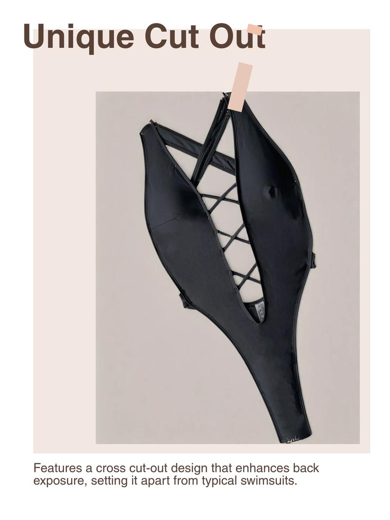 Women's Solid Cross Cut Out One-piece Swimsuit, Casual Fashion Chic Swimwear for Beach Holiday Vacation, Ladies Swimsuit for All Seasons, Sleeveless Swimsuit