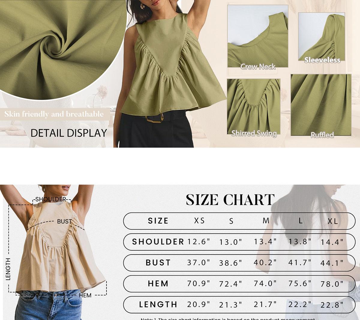 Womens Sleeveless Peplum Top Swing Tank Loose Fit Back Button Casual Blouse Ruffled Shirts Stretchy Lightweight