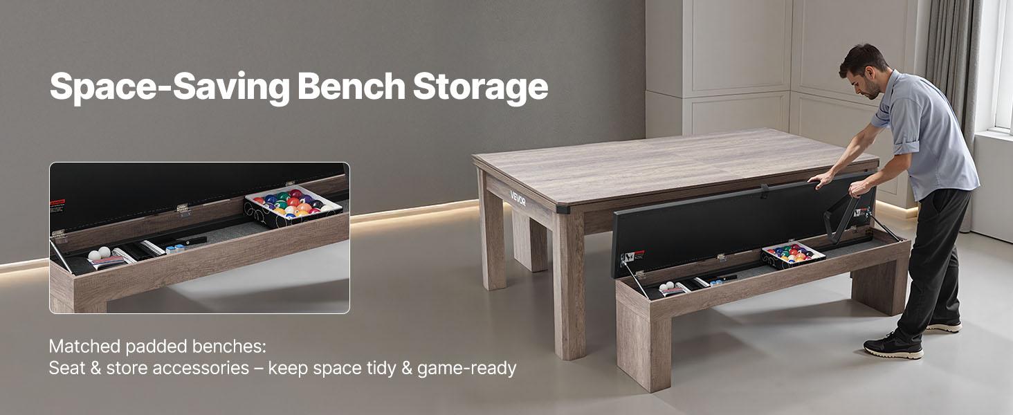 VEVOR 7ft Pool Table Combo Set, 3-in-1 Multi Game Billiards Tables with Dining Top and Ping Pong, 2 Benches for Storage and Accessories, Includes Ball Cue Rack Chalk Brush, for Family Recreation Room