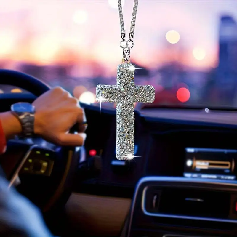 Bling Rhinestone Cross Car Hanging Ornament Luxury Diamond Jesus Cross Rearview Mirror Pendant Shiny Auto Interior Accessories Decor Gift for Women, Interior Decor, Synthetic
