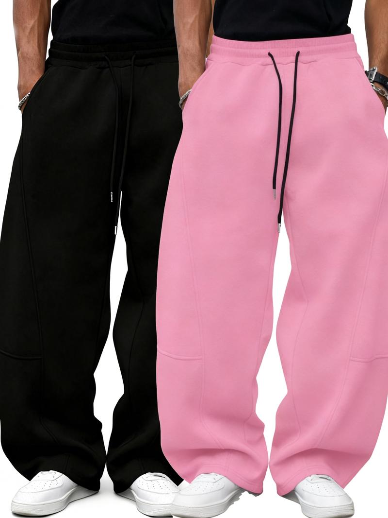Men's Loose Fit Sport Pants, Baggy Jogging Pants, Casual Drawstring Waist Wide Leg Joggers with Pockets, Fall & Winter Fashion, 2 Piece Set