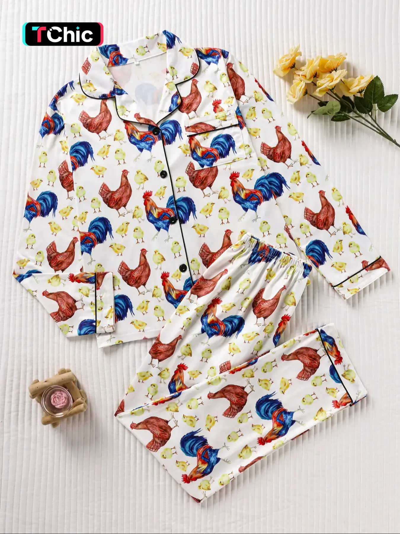 Women's Pajama Set, Chicken Chick Fun Print, Soft Smooth Fabric, Loose Lightweight Button Front Long Sleeve Top and Pants, Home Sleepwear