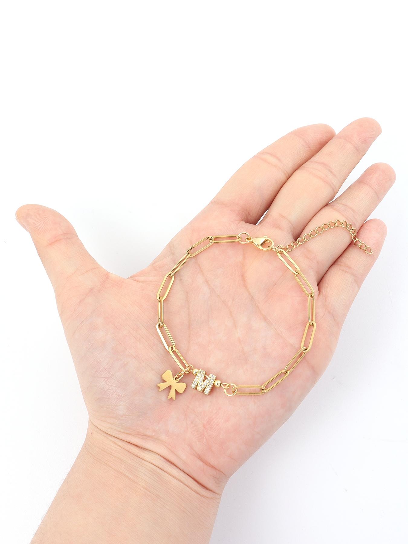 Bowknot Design Initial Bracelet, Rhinestone Decorated Link Bracelet for Women & Girls, Fashion Jewelry for Party, Daily Decor, Trendy All-match Jewelry for Gift, Personalized Jewelry