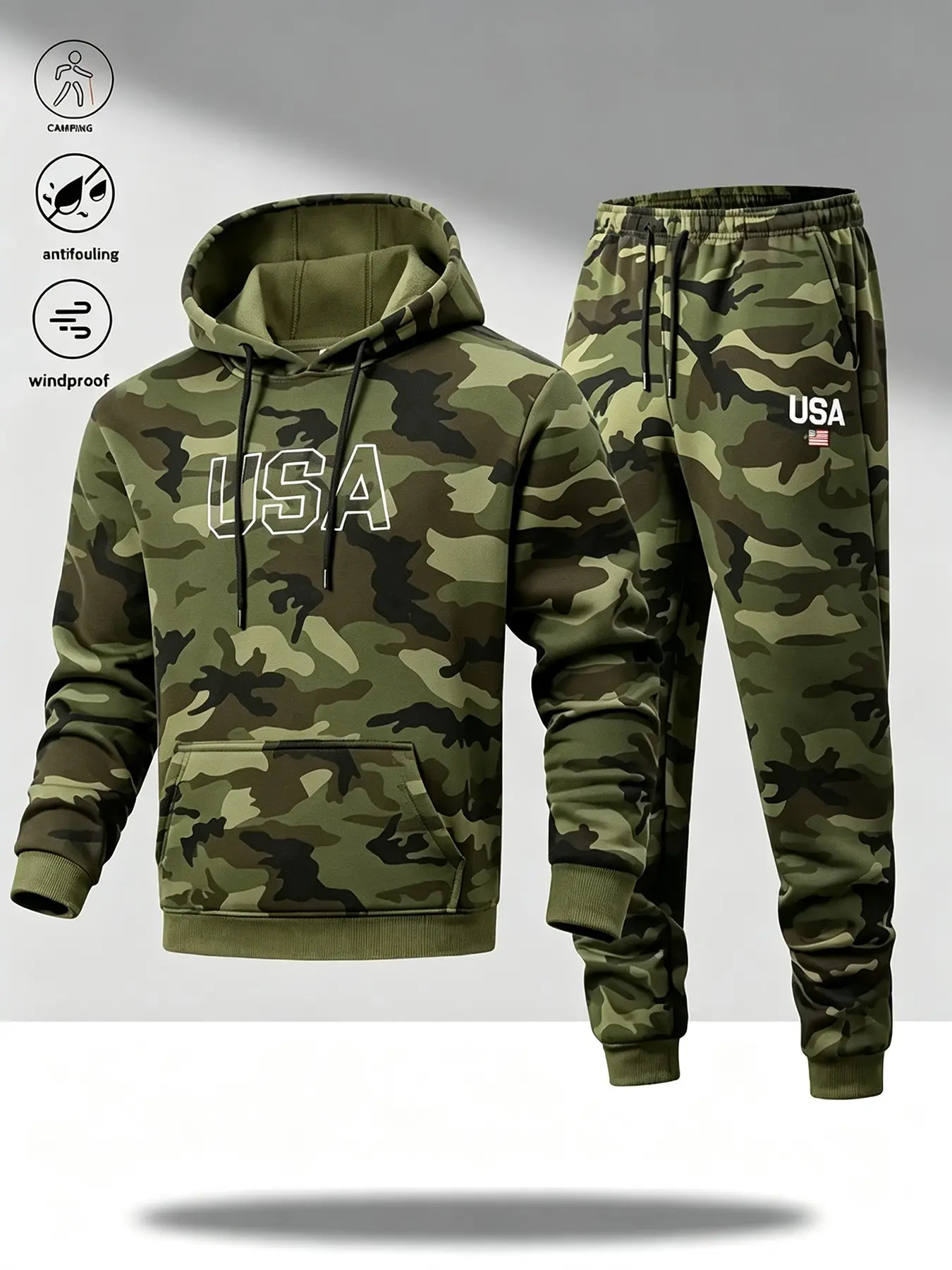 Men's Camouflage Two-Piece Set, Fall Winter Windproof Casual Hooded Jogging, Ideal for Outdoor Camping