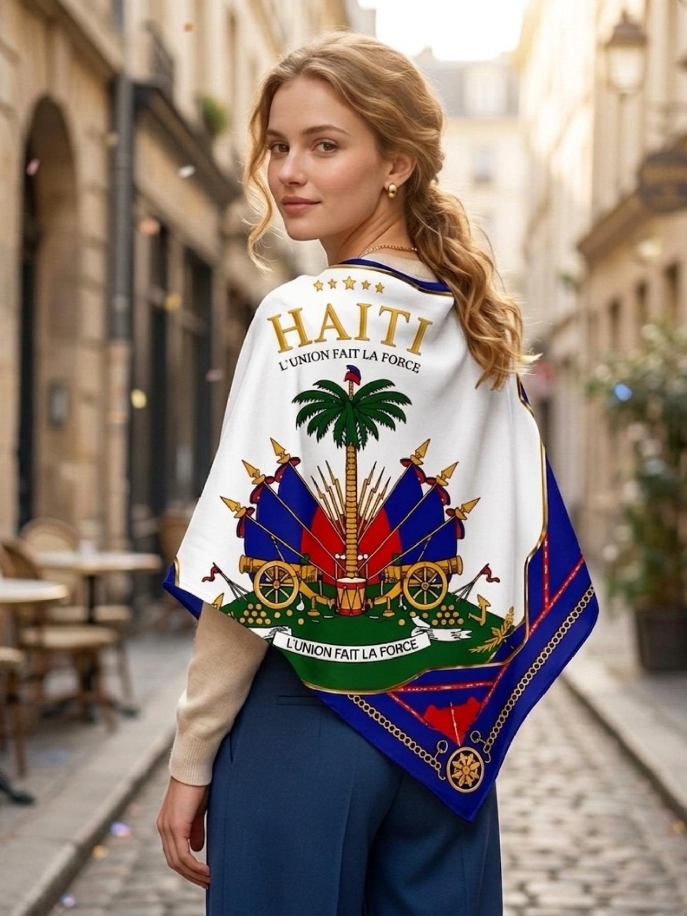 Haiti Cultural Scarf Cape Shawl Wrap – Coat of Arms Palm Tree Cannon Flags Print, Home Decor & Outfit Styling