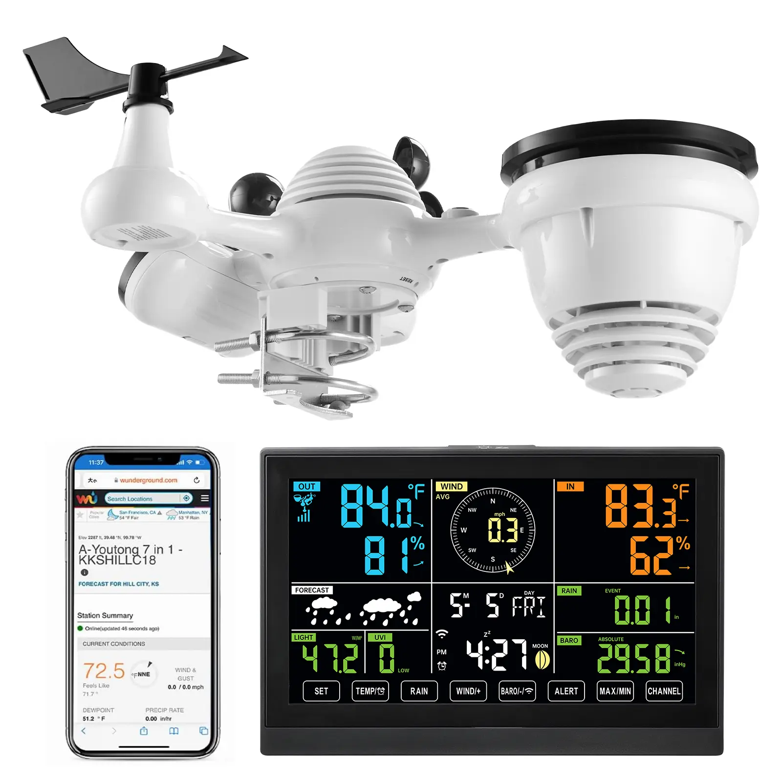 7-in-1 Wi-Fi Weather Station, 7.5-Inch VA Display, Solar Powered Wireless Outdoor Sensor, Home Weather Station Indoor Outdoor, for Temperature, Humidity, Wind Speed/Direction, Rainfall, No APP