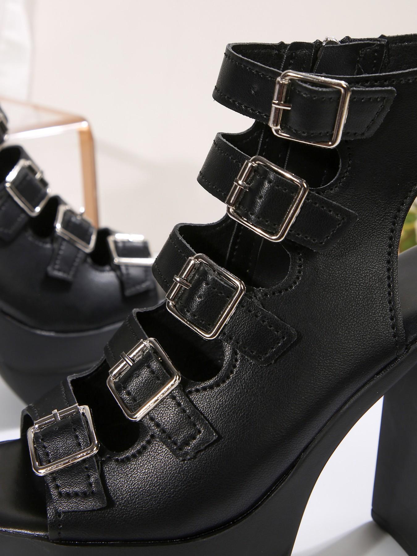 Women Punk Style High Heel Sandals, Multi Buckle Hollow Out, Waterproof Platform Rubber, Three Colors Available, Stage Party Shoes, Fashionable Platform Sandals