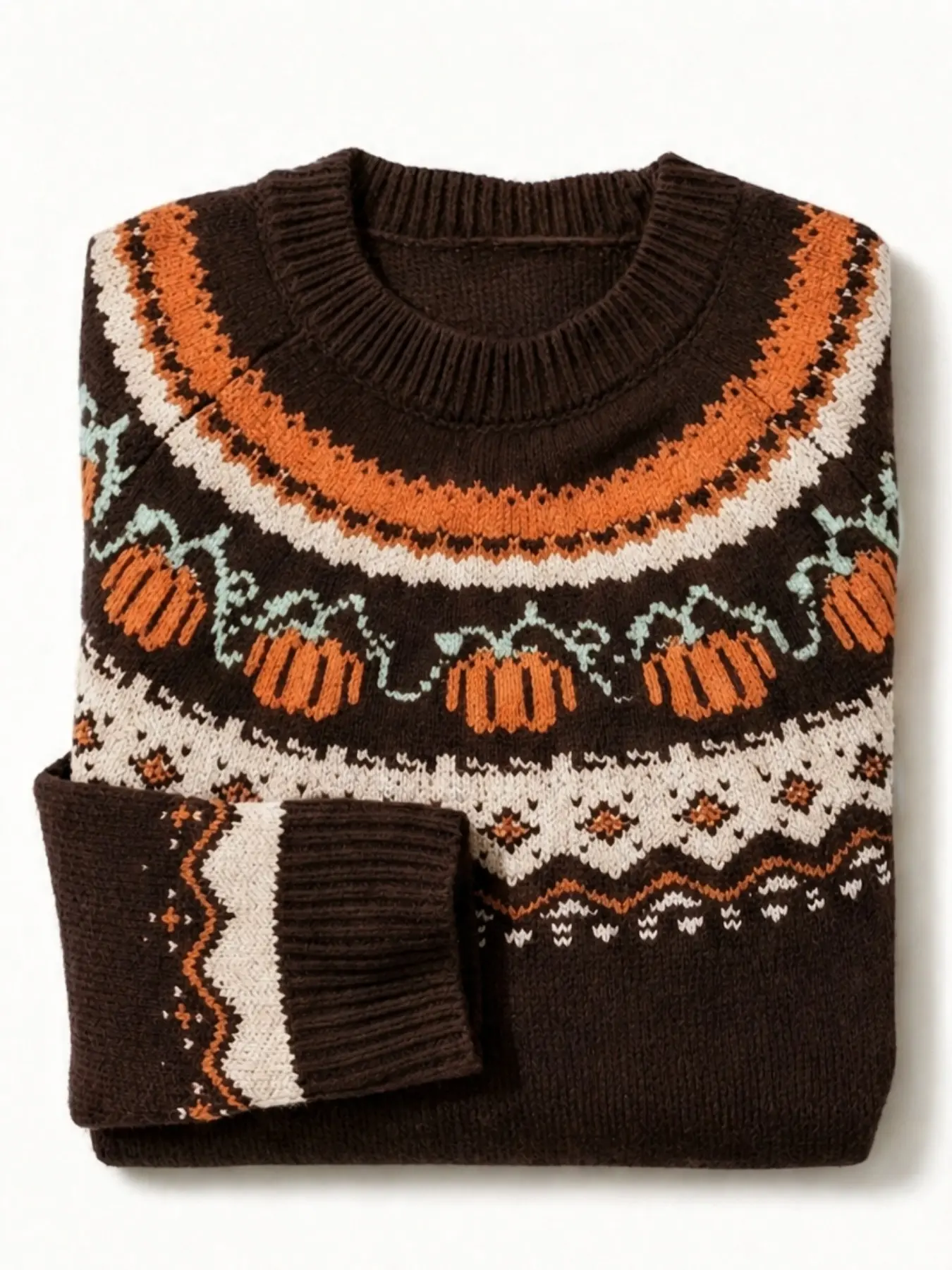 Unisex Fall Halloween Pumpkin Fair Isle Knit Sweater, Crew Neck Long Sleeve Vintage Retro Pullover, Autumn Winter Casual Warm Knit Top for Men Women