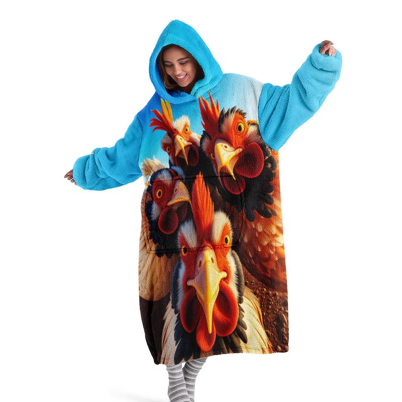 hoodie blanket，Wearable Blanket，Hooded Blanket Wearable Throw, Patchwork Chicken Hoodie Blanket, Digital Print Flannel Soft Warm Blanket for Sofa Home Leisure Air Conditioning Nap Office Bed Camping Travel Gift，Christmas Gift,Valentine's Day gift
