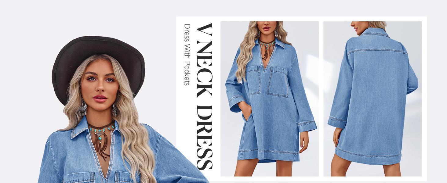 FMEYOA Womens Denim Shirt Dress Long Sleeve V Neck Loose Casual Jean Mini Dress with Pockets