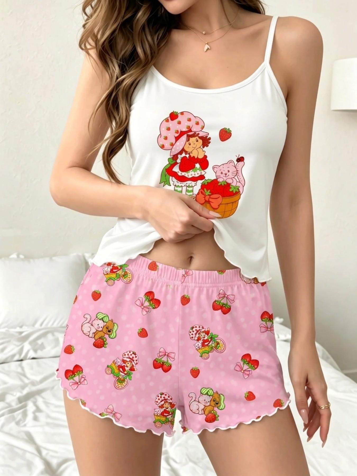 Summer Women's Pajama Set 2-Piece Camisole Panties Set, Sleeveless Casual Fitted Sleepwear, Strawberry Girl Print, Comfortable Home, Loungewear