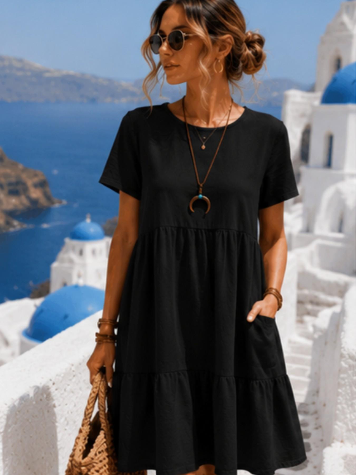 2026 Summer Cotton Linen Casual Womenswear Midi Dress, Breathable Loose Fit Short Sleeve, Round Neck Tiered Ruffle with Pockets, Comfy for Vacation & Daily Wear