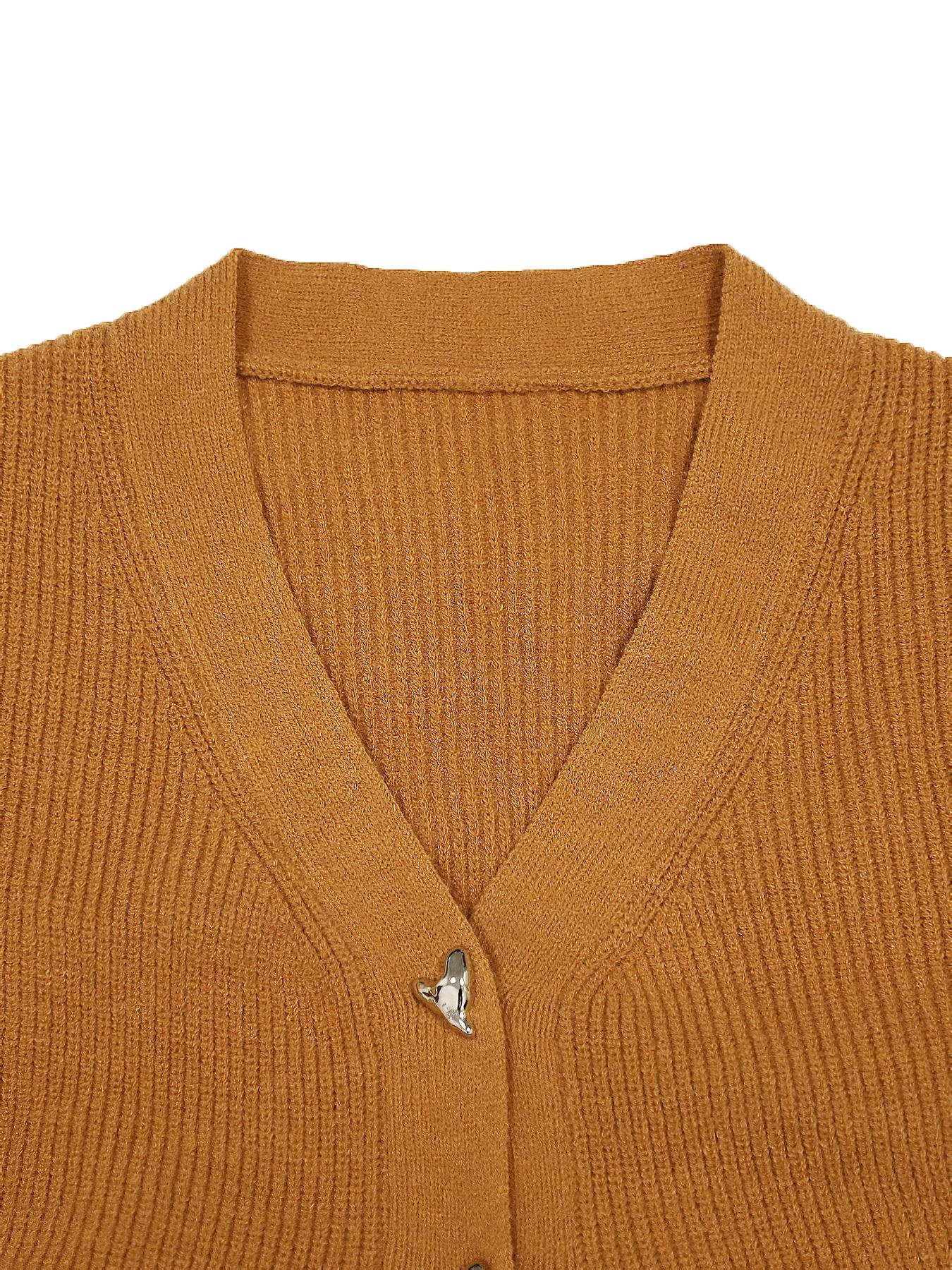 Women's Fall Winter Simple Style Short Cardigan Y-Shaped Metal Button Casual Elegant Waist Cinched Split Sweater Jacket Knitwear