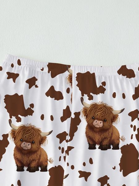 【Highland cattle】Women's Cartoon Print Pajama Set, Long Sleeve & Pants, Elastic Waistband, Comfortable Home Wear, Fall Winter