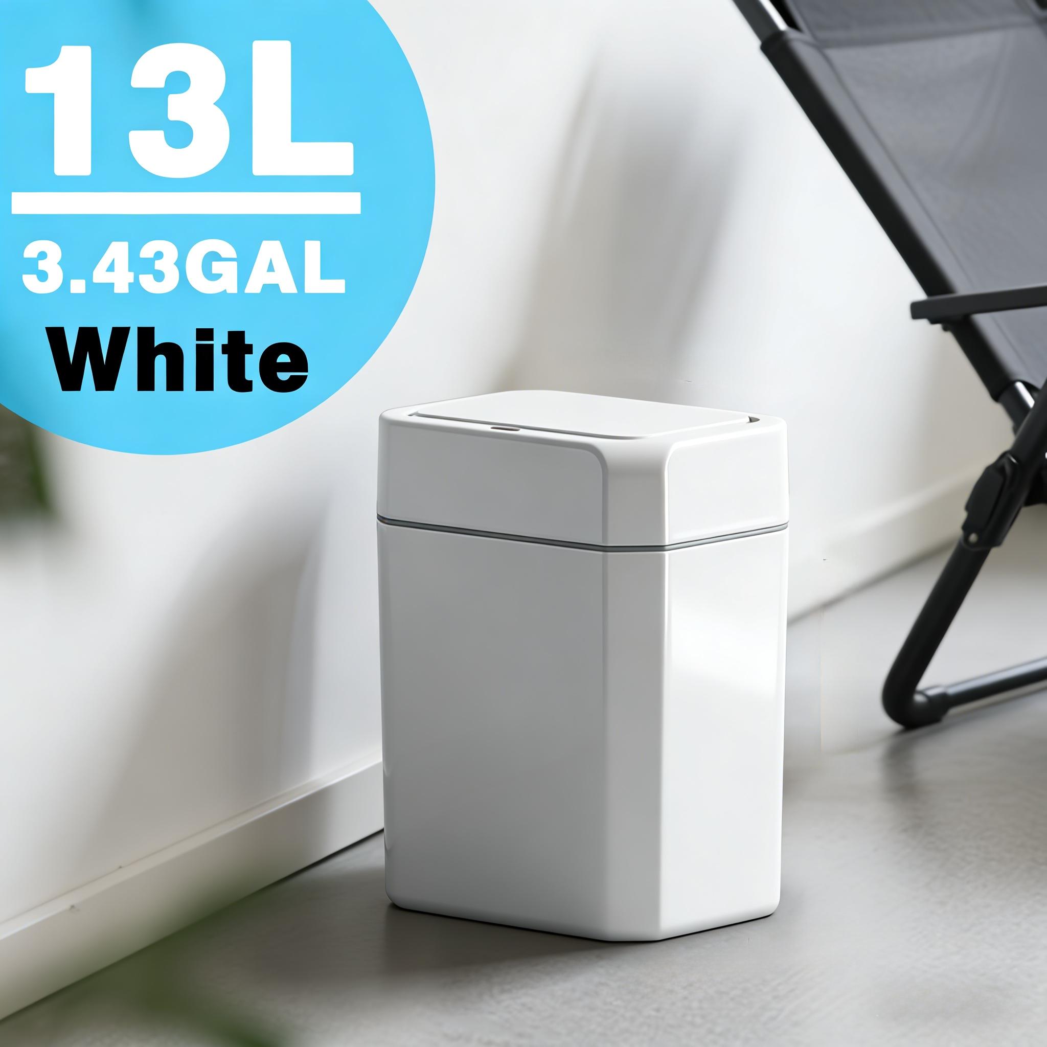 Touchless Trash Can, 3.43 & 5.02 GAL sizes available, automatic motion sensor garbage bin, hands-free soft-close lid, slim plastic body with odor-sealing design, suitable for kitchen, bathroom, office, hotel, requires 2 AA batteries (not included).