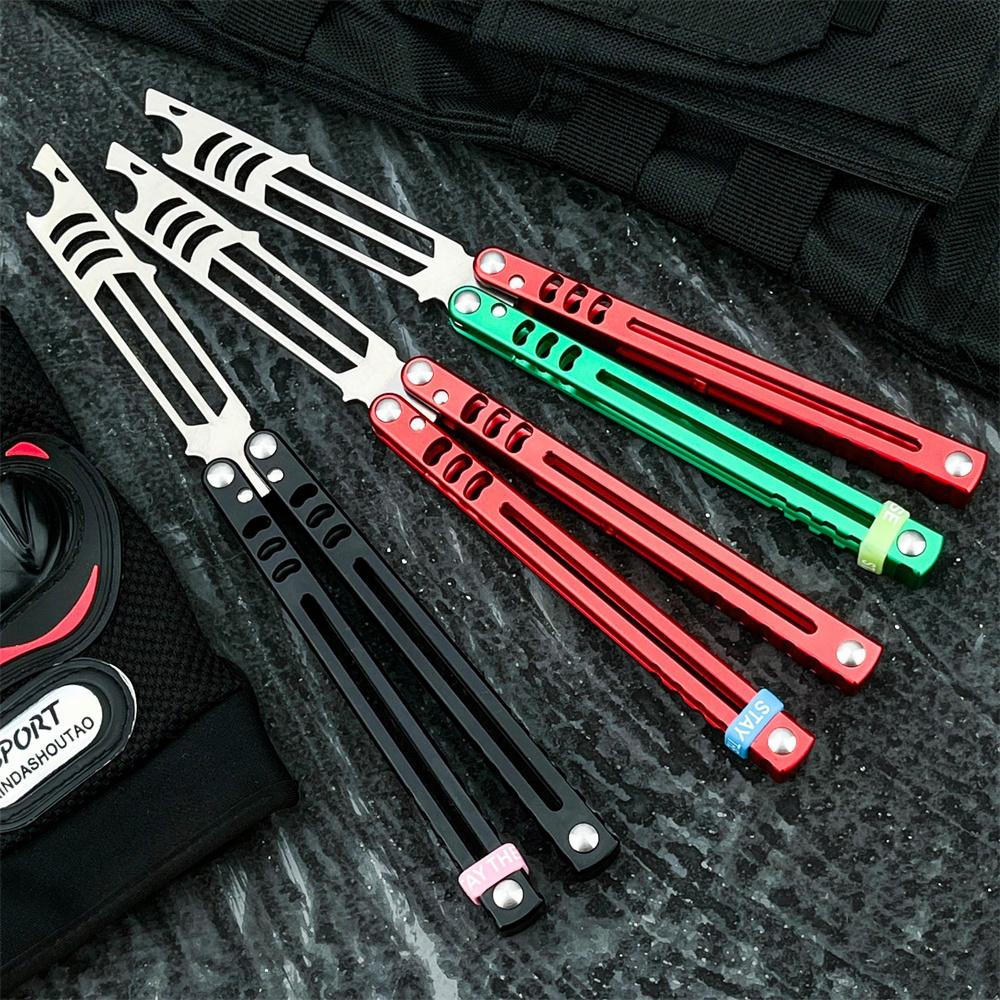 Ultra-lightweight, unsharpened training knife; features a 440C blade and an aluminum alloy handle; includes a bottle opener; safe to use and won’t cut your hands; ideal for both beginners practicing and enthusiasts looking for a collectible piece