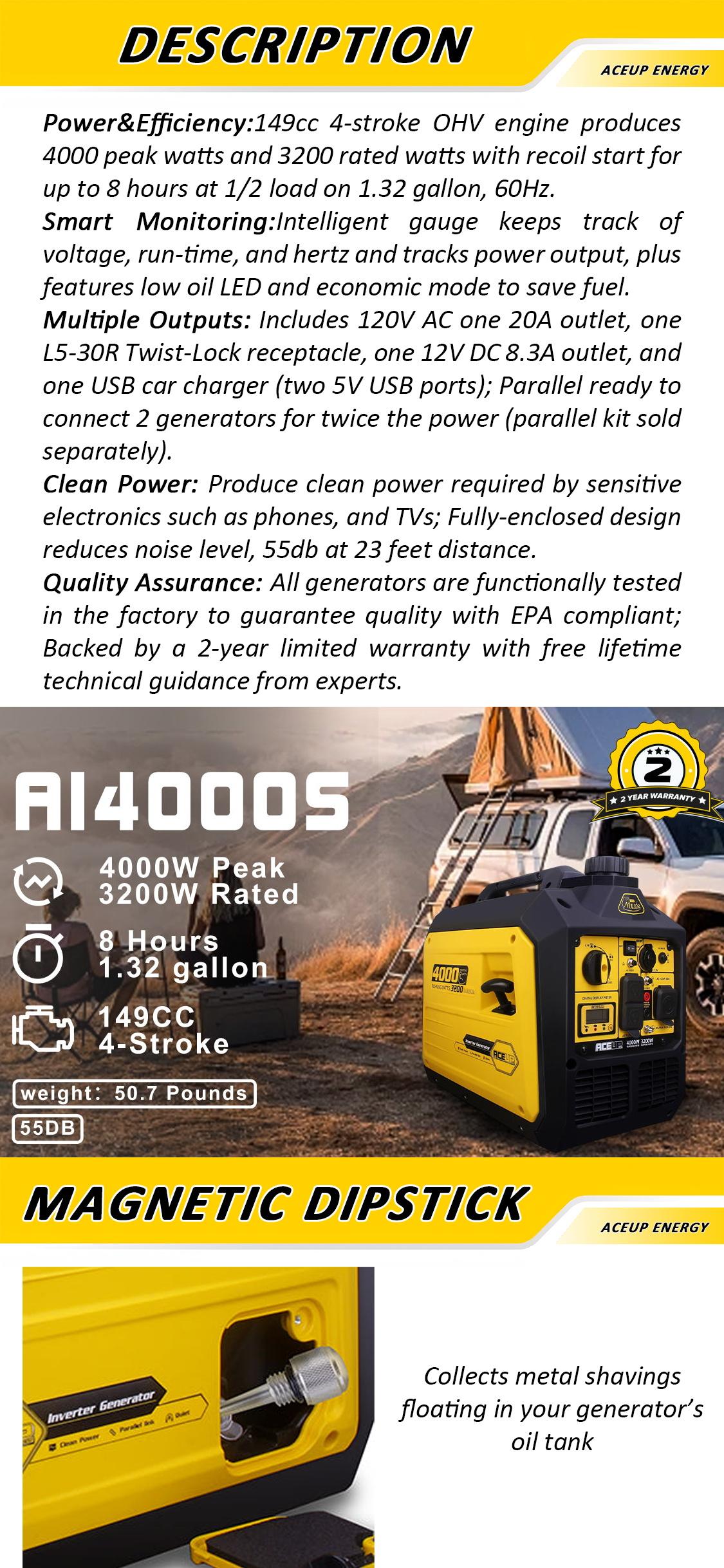 Aceup Energy 4000 Watt Portable Inverter Generator, Gas Powered Generator Quiet for Home, RV-Ready, EPA Compliant - AI4000S