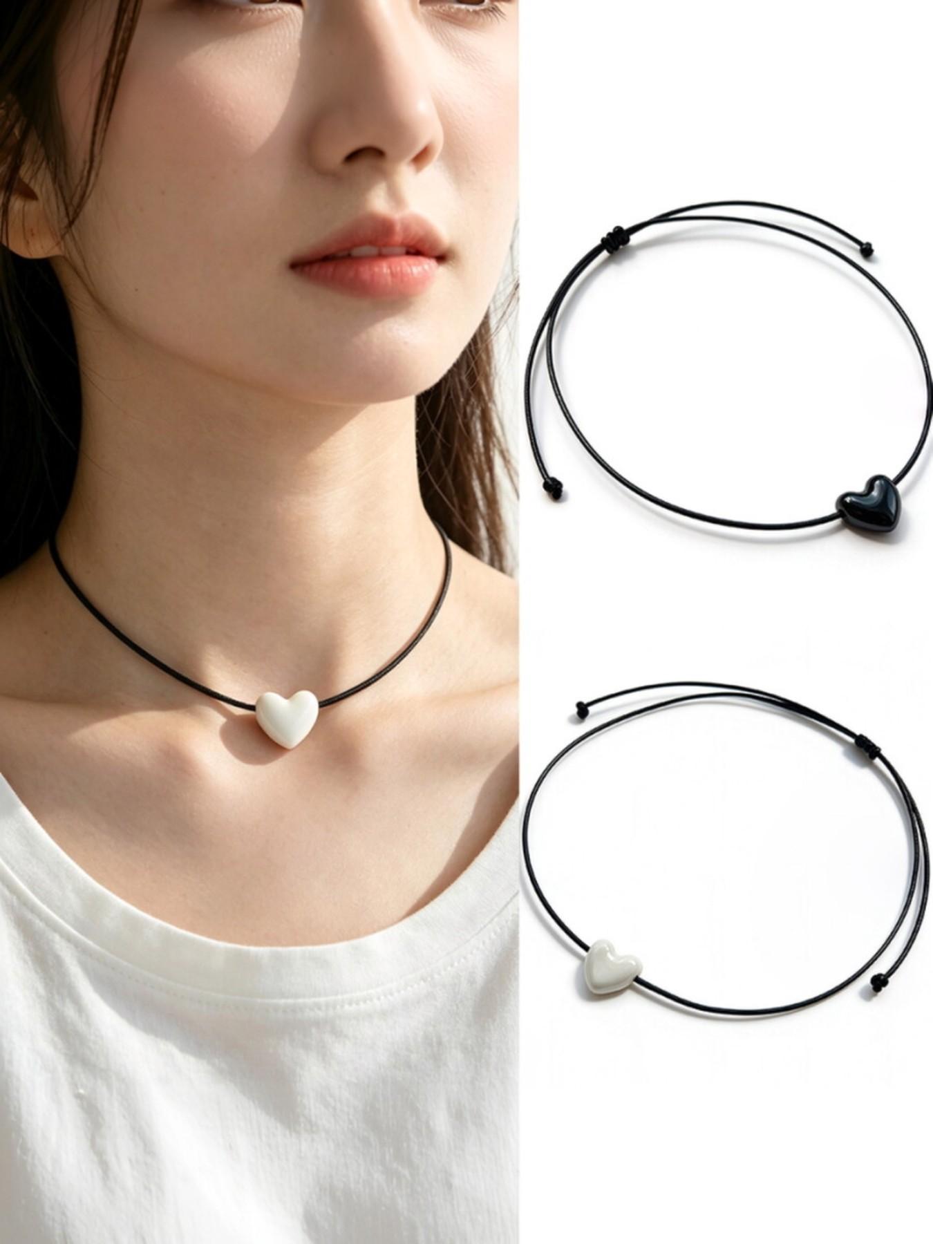 Simple Sweet Ceramic Heart Necklace, Adjustable Collarbone Chain, Unisex Daily Wear Jewelry, Elegant Style for All Seasons