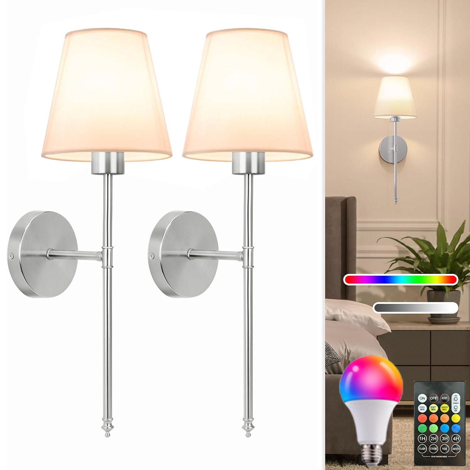 2PC Battery-Operated Wall Sconces with Fabric Shade, Rechargeable LED Wall Lights Set of 2, Decorative Wall Light, Dimmable Wireless Lamp with 3 Color Temperature, 12 RGB and Remote for Bedroom Living Room Hallway Adjustable Leds