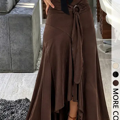 Women's Vintage Elegant Aesthetic High-Waist Midi Knit Fit Skirt with O-Ring Detail, Ruched Asymmetric Flared Ruffle Hem Skirt for Daily and Party Wear