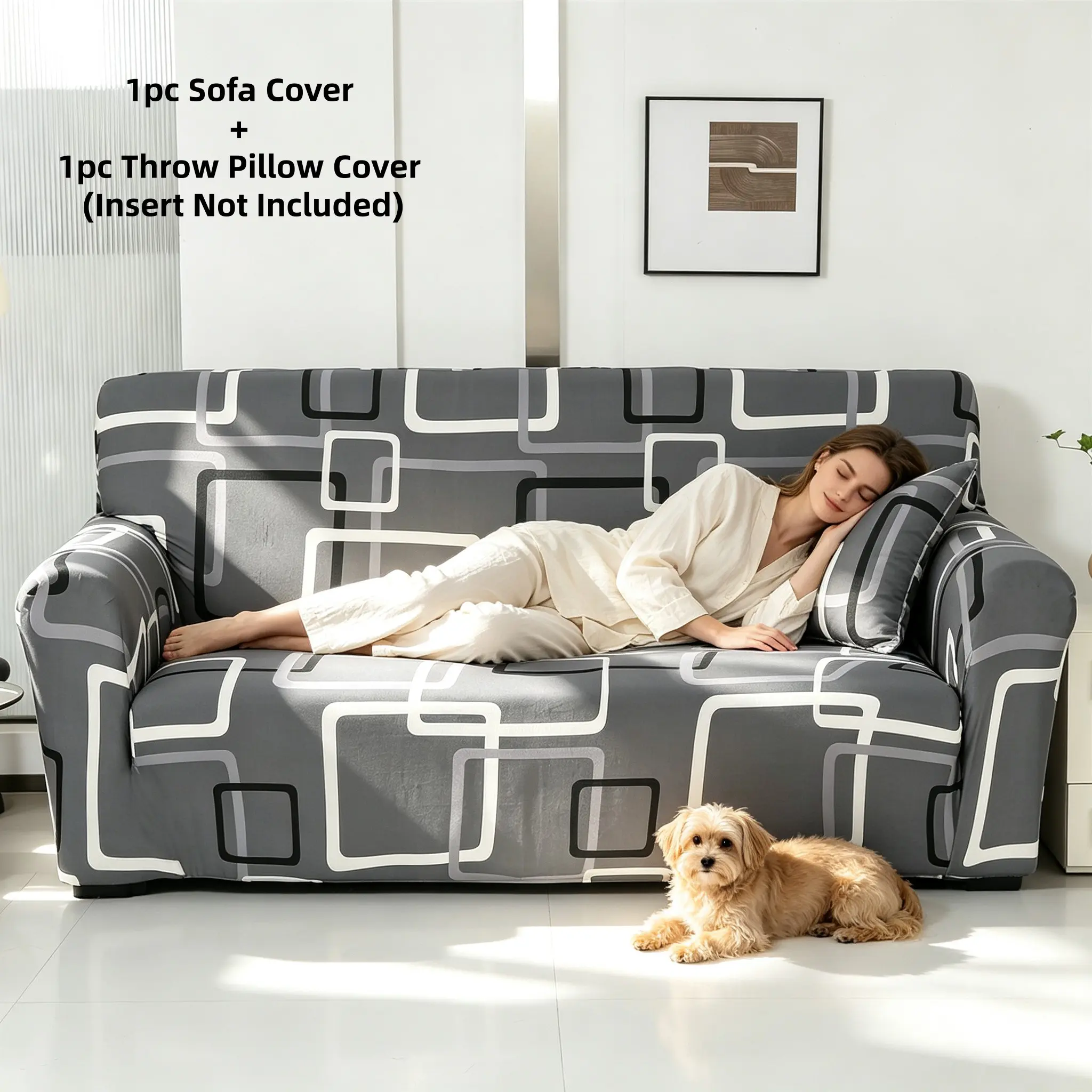 Artistic Geometric Sofa Cover, Includes Pillowcase, Durable Fabric, Fits 1-4 Seat Sofas, Perfect for All Seasons