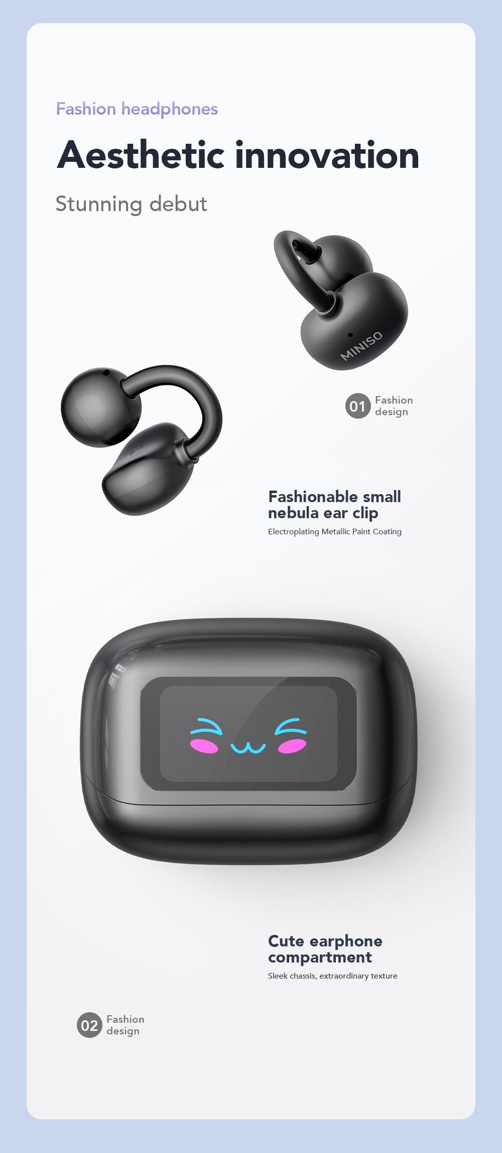 MINISO MS199 Clip On Ear Headphones Full Color Touch Screen, Audio Wireless Headphones Built-in Microphone for Music & Phone Calls,Sport Waterproof & Sweatproof