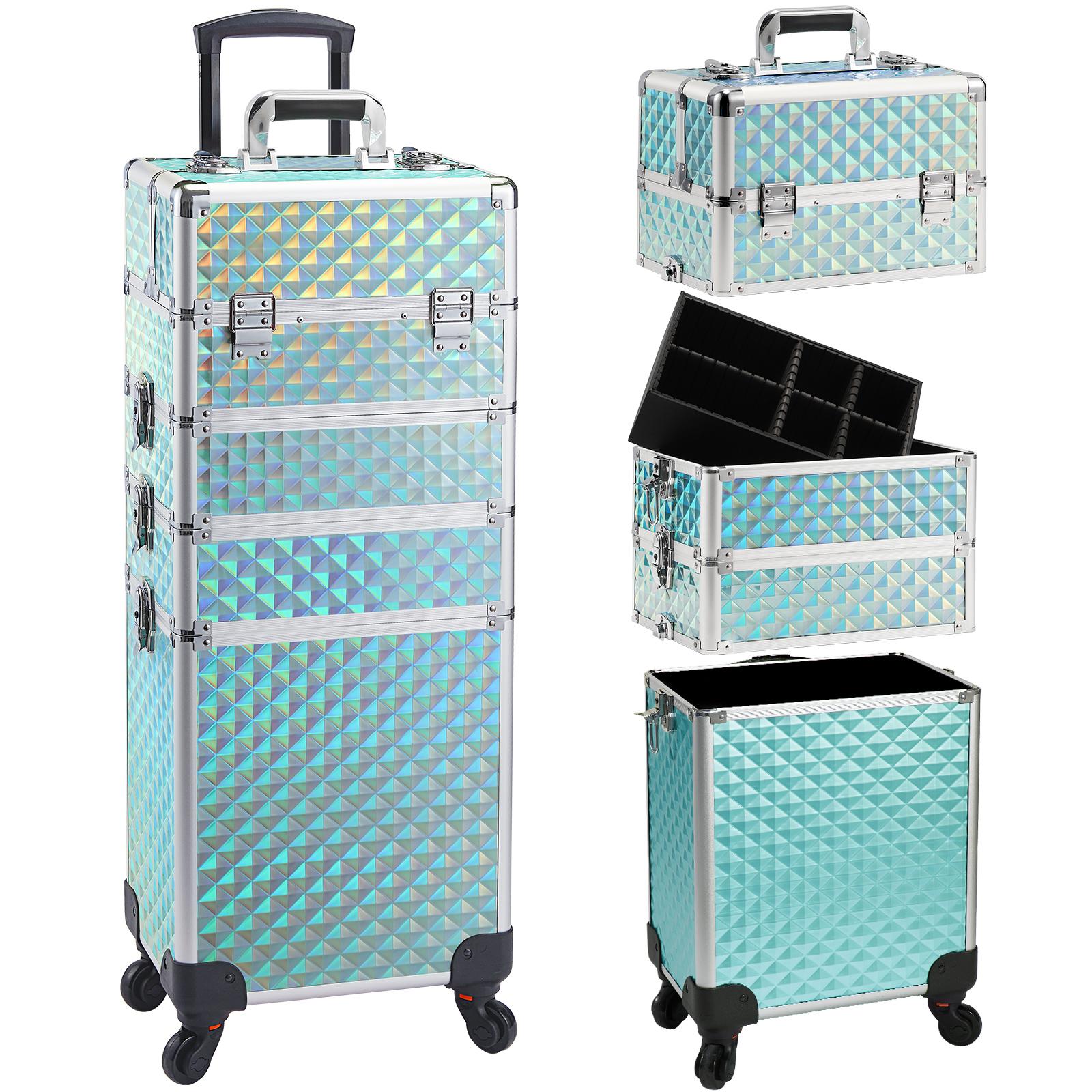 Joligrace 4 in 1 Rolling Makeup Train Case Large Cosmetic Trolley Box with Key Swivel Wheels Salon Barber Case