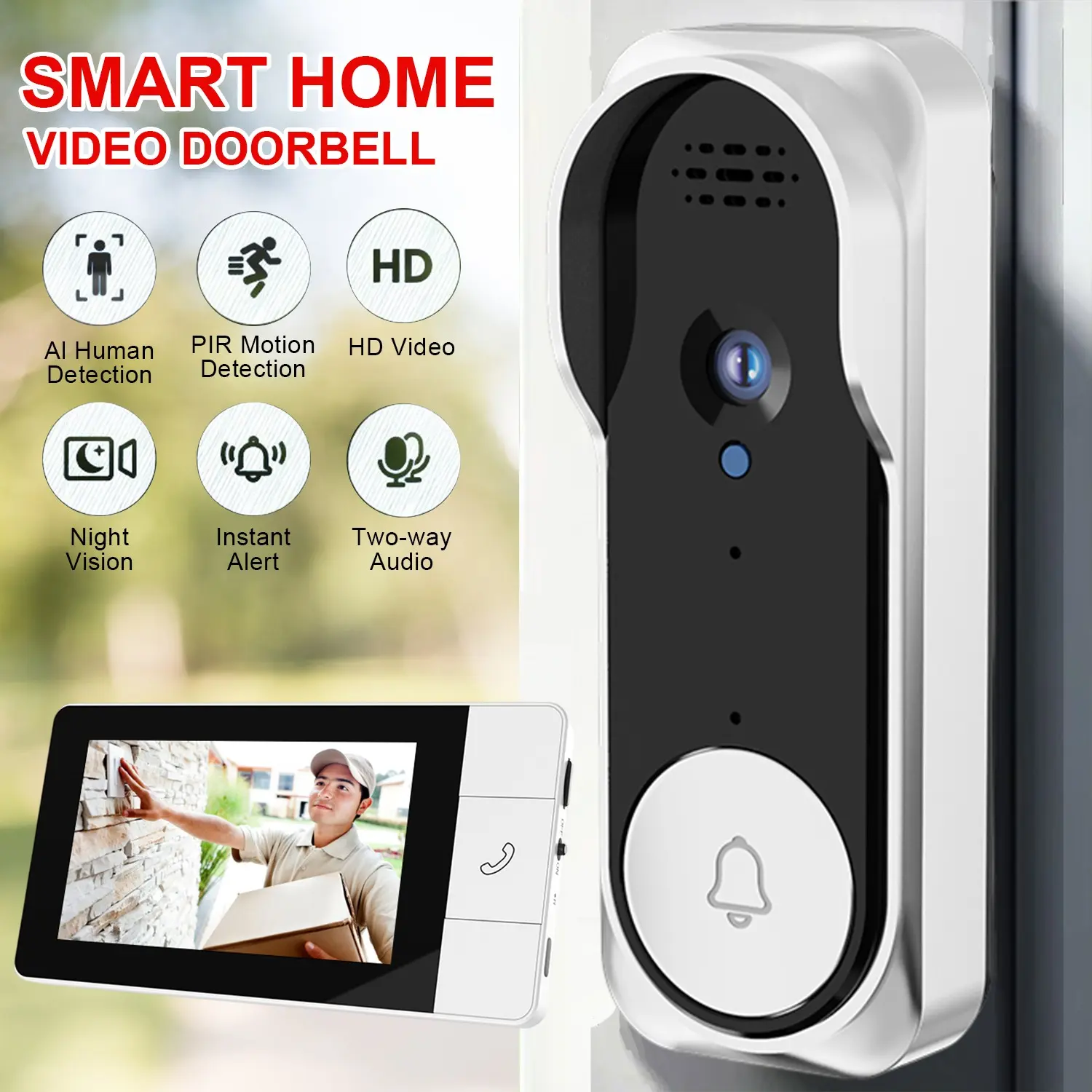 Wireless Video Doorbell with 4.3 Inch Color Screen, 2.4g Connection, Night Vision, Waterproof Ip66, Long Battery Life, No APP Needed