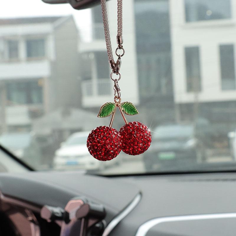 Bling Rhinestone Strawberry Cherry Car Hanging Ornament Sparkling Crystal Fruit Rearview Mirror Charm Aesthetic Car Interior Decor Accessories for Women Girls